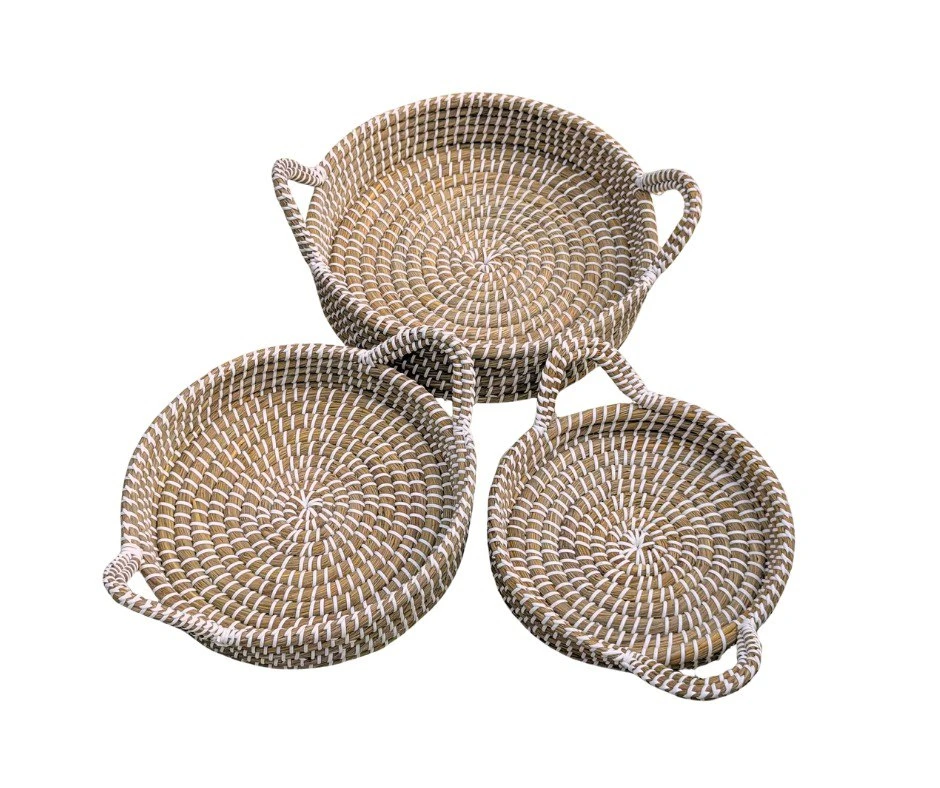 Round Dried grass Woven Serving Tray with Handles (3 pieces)